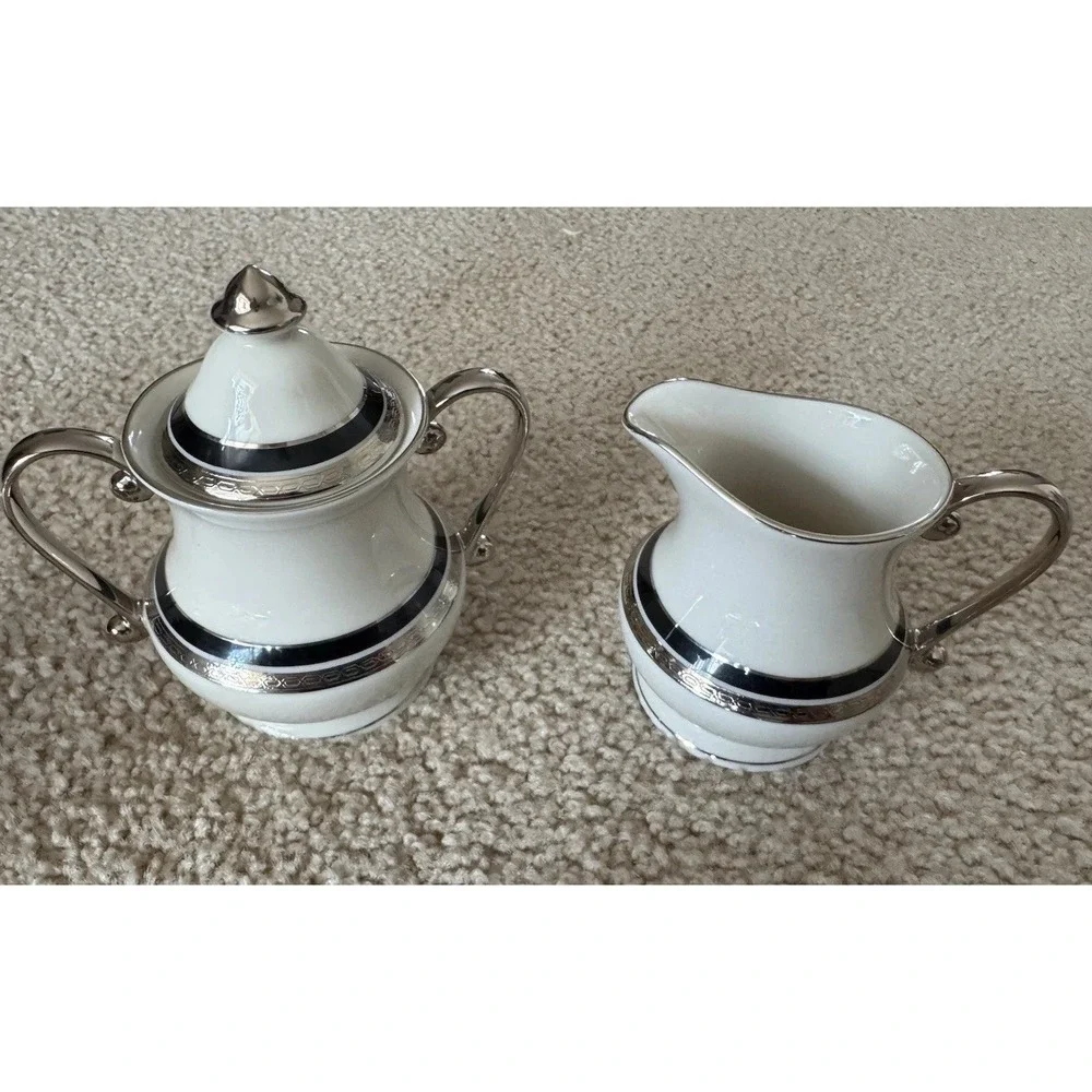 ⁠Pickard China Nocturne Creamer and Lidded Sugar Bowl Set Platinum Trim